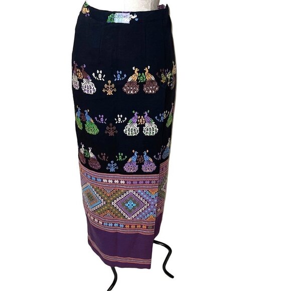 Chalermrak Womens Maxi Skirt Black Size Medium Vintage Custom Made Peacock Lined - Picture 1 of 12